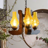 Vintage Yellow Vase 3-Light Crackle Glass Hanging Chandelier - Wood Pendant Light Fixture for Living Room - This 3-Light Crackle Glass Hanging Chandelier is an elegantly designed accent piece that creates a beautiful focal point for any living space. The cla